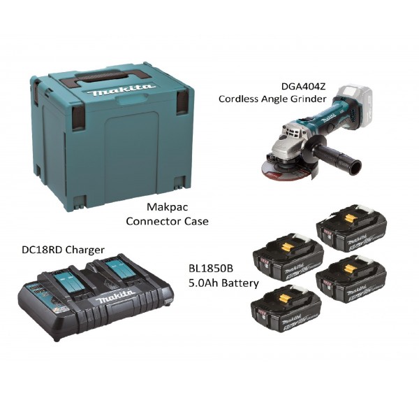 MAKITA POWER SOURCE KIT TWO PORT CHARGER WITH 5.0AH 18V BATTERY X4 + CORDLESS ANGLE GRINDER